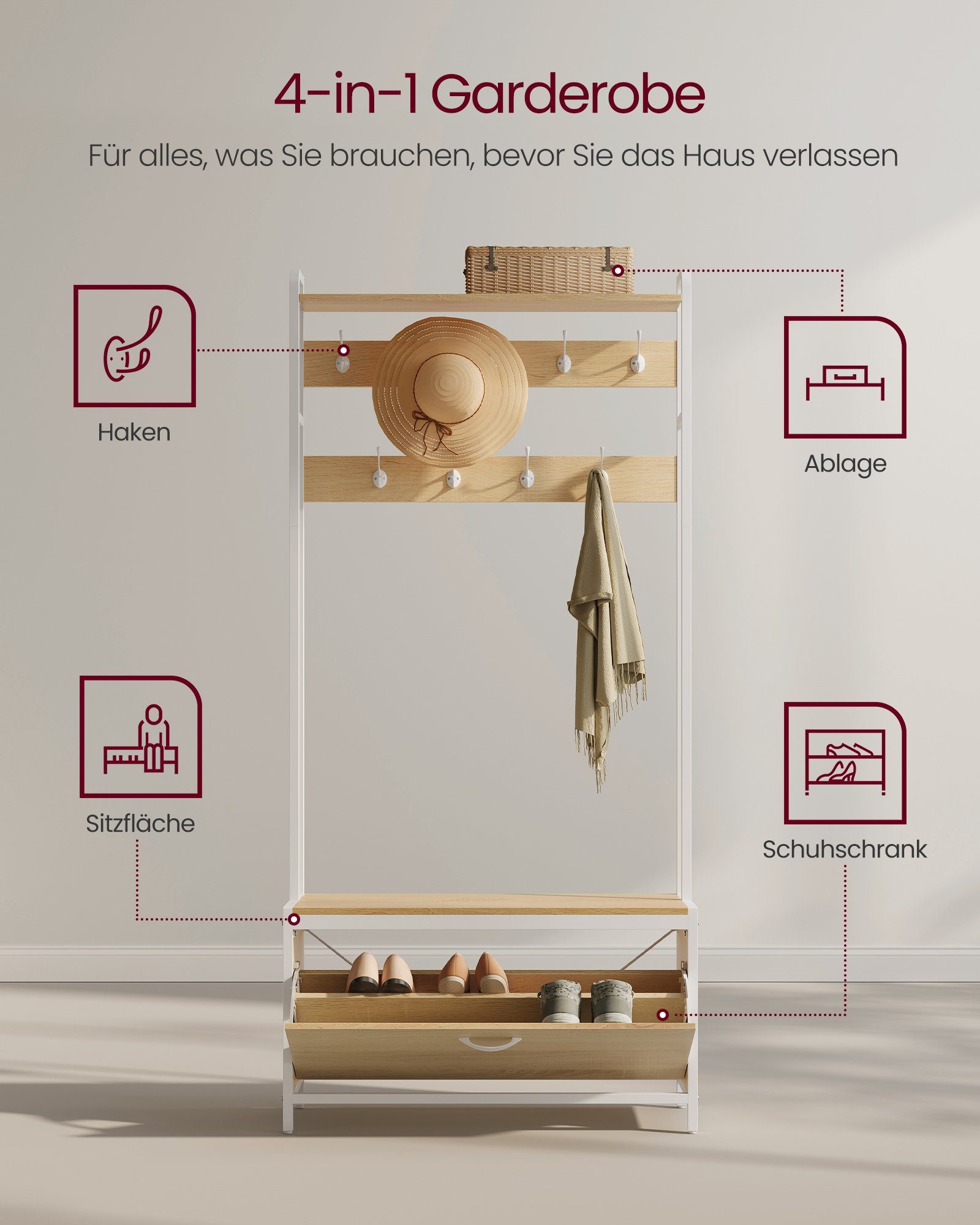 30 85 180 Garderobe, VASAGLE Eichenfarben-Weiß Sitzbank, x cm Garderobenständer mit x