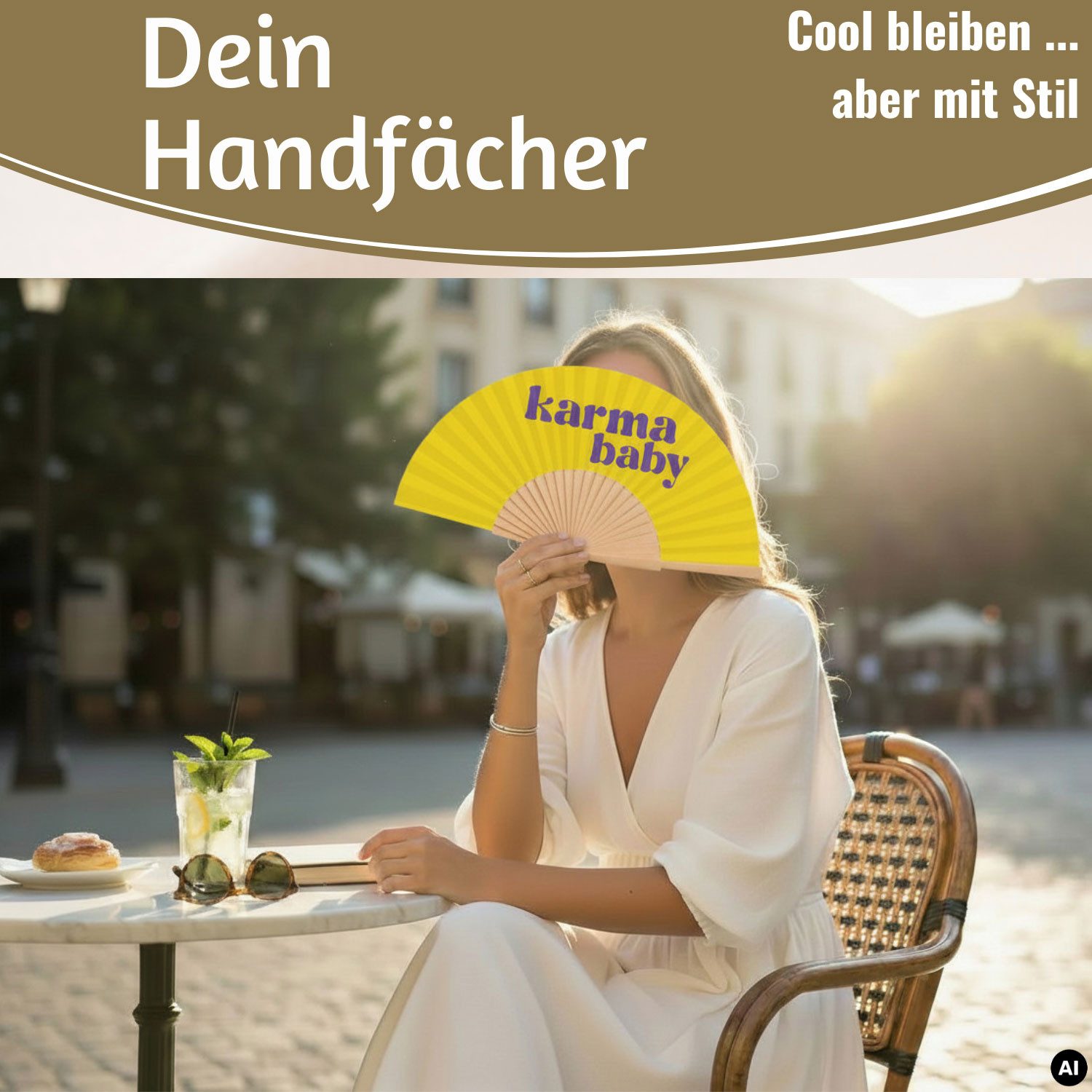 LS-LebenStil Handfächer Design Holz Stoff Fächer "Karma Baby" Gelb Lila faltbar Faltfächer, (hochwertig aus Holz mit Stoff und coolem lustigem Spruch, 1-tlg., Styliche Abkühlung), für Geburtstag, Hochzeit, Party oder als Wand Dekoration