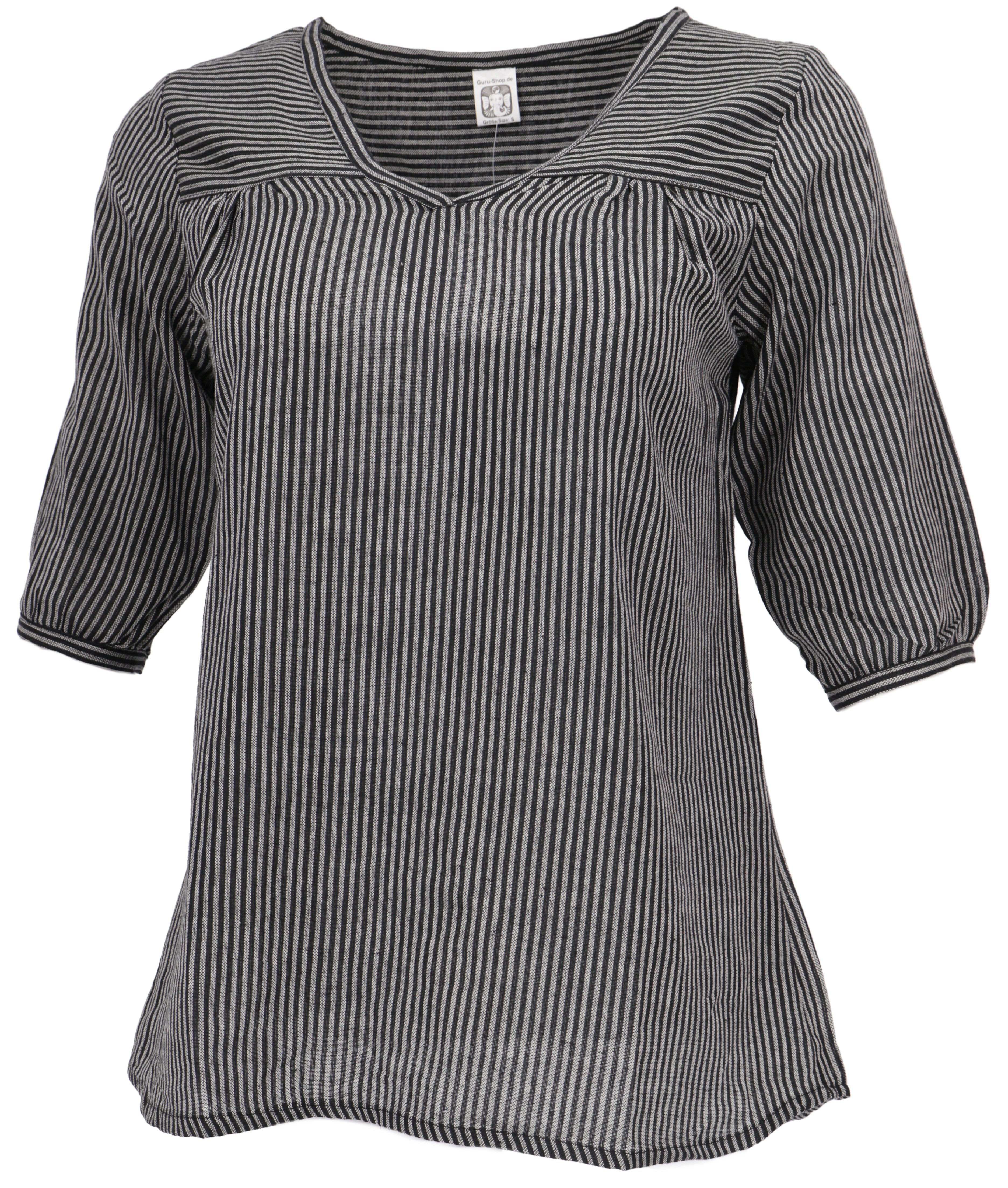 Bekleidung Baumwollbluse, gestreifte Boho.. Longbluse schwarz/grau alternative Guru-Shop Leichte