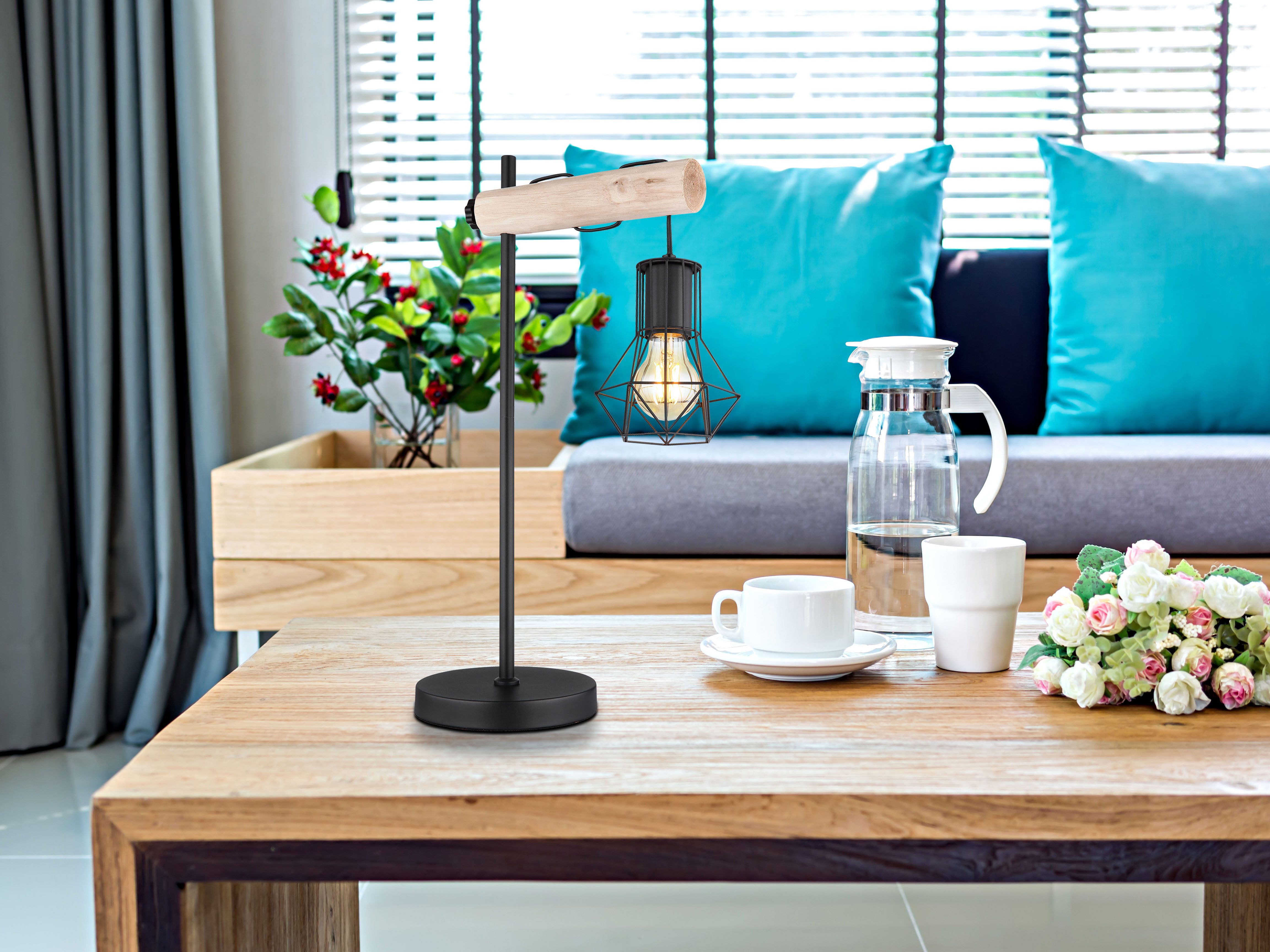 GLOBO LIGHTING Tischleuchte PRISKA, Leuchtmittel wechselbar, mit Holz natur und Metallgeflecht, höhenverstellbar