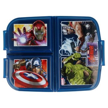 MARVEL Lunchbox Marvel Avengers Kinder 4 teiliges Set, (4-tlg), 3 Kammern Brotdose Alu-Trinkflasche Besteck
