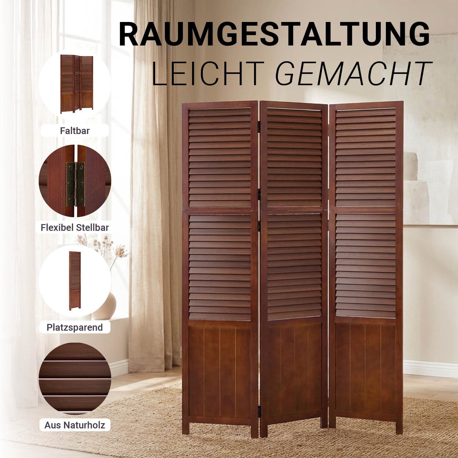 Homestyle4u Paravent Raumteiler Holz Trennwand Sichtschutz Braun Indoor (3-teilig)