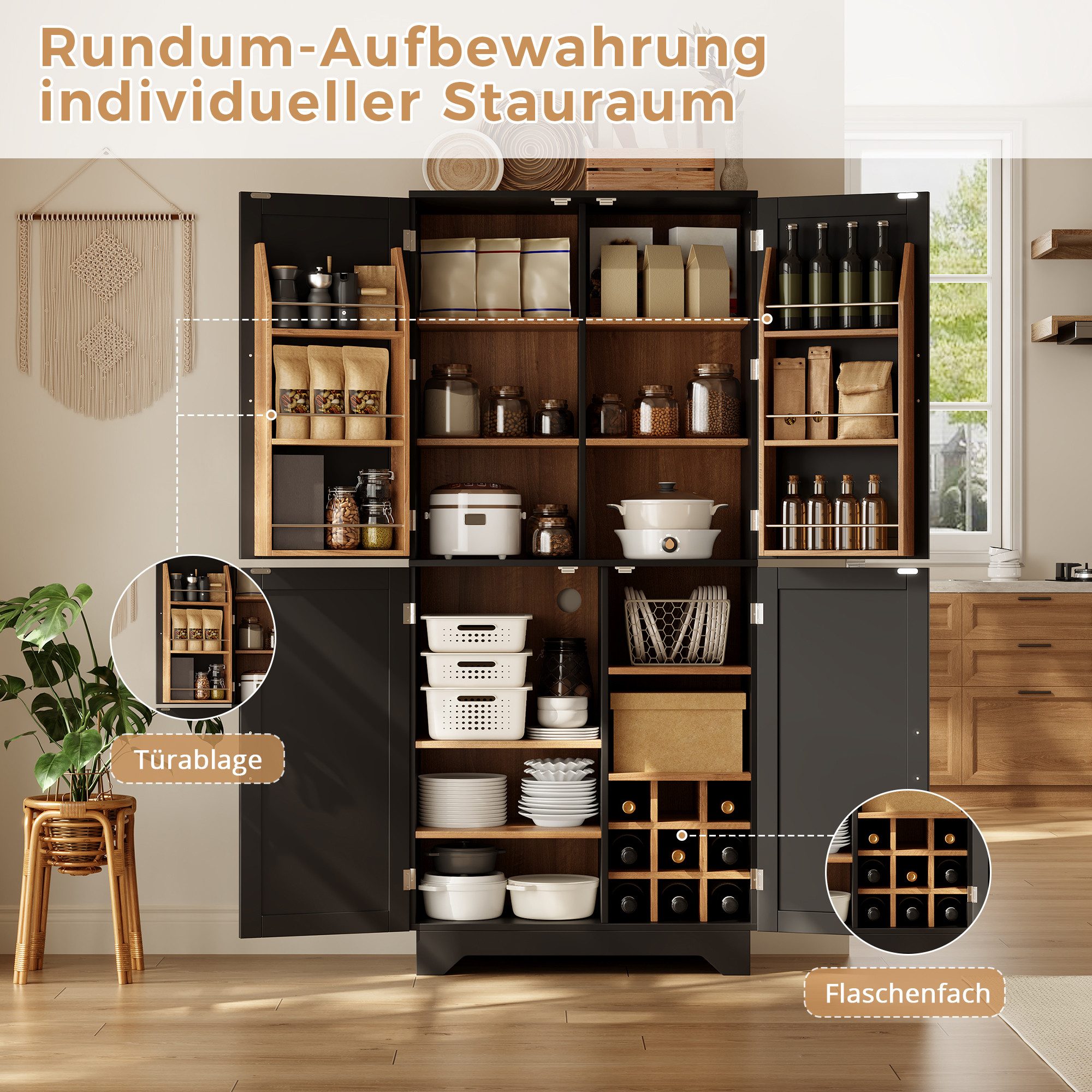 Celya Küchenbuffet Küchenschrank, hoher Stauraumschrank mit 4 Scheunentor-Türen (80 × 40× 180 cm Aufbewahrungsschrank mit Weinregal und Türregal)