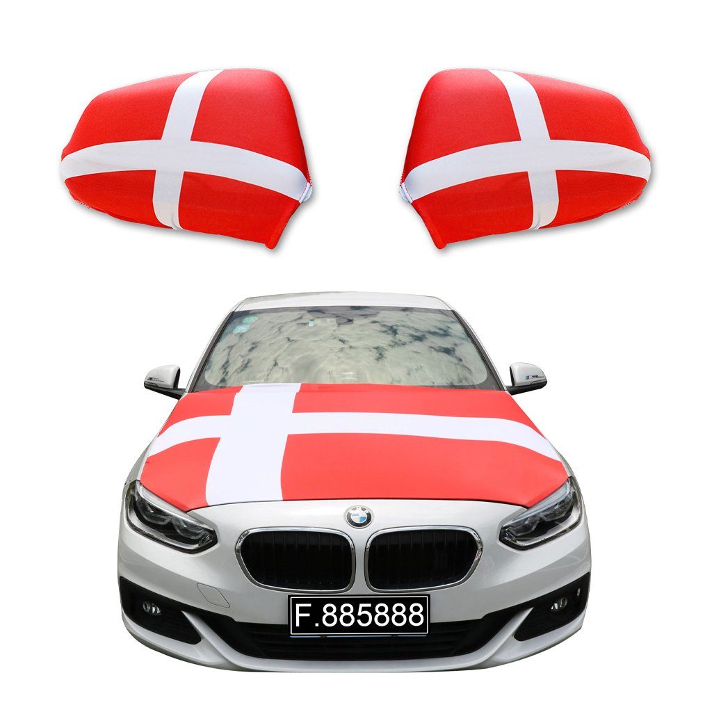 Sonia Originelli Fahne Fanset "Dänemark" Denmark Fußball Motorhaube Außenspiegel Flagge, für alle gängigen PKW Modelle, Motorhauben Flagge: ca. 115 x 150cm | Fanfahnen