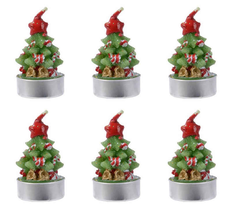 Decoris season decorations Teelicht, Teelichter geschmückte Tannen Weihnachtskerzen Wachs 6cm grün 6er Set