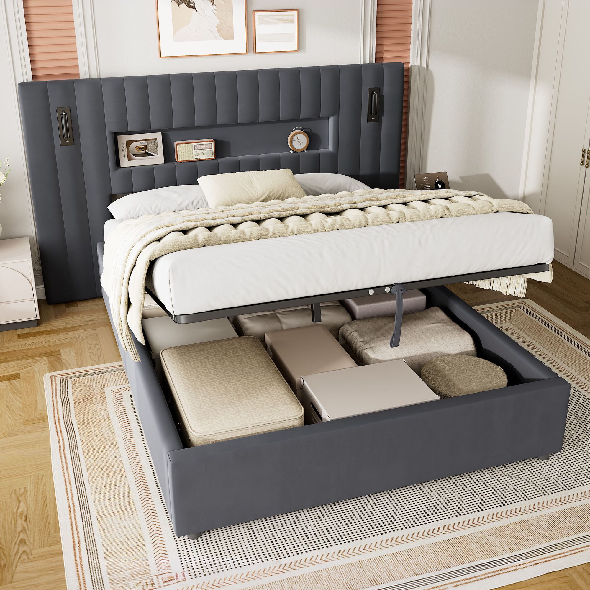HAUSS SPOLE Polsterbett 140×200 Doppelbett Stauraumbett mit Bettkasten,Jugendbett Samt,Grau (Doppelbett Funktionbett mit Samtstoff-Oberfläche und Polsterrahmen für Schlafzimmer, ohne Matratze), Komfortbett mit Lattenrost und bereitem Kopfteil