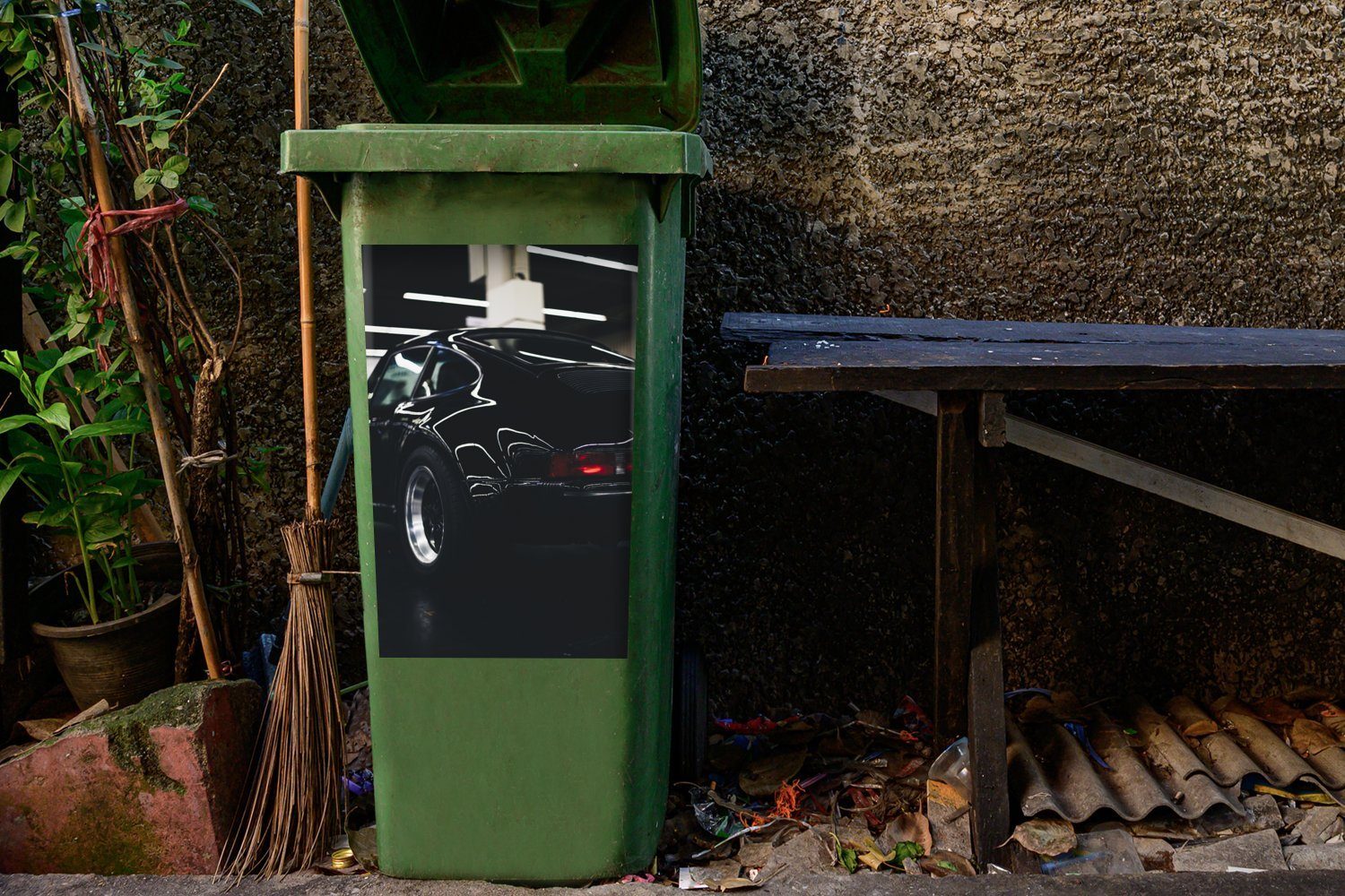 MuchoWow Wandsticker Auto - Garage St), (1 Schwarz Mülleimer-aufkleber, Mülltonne, Container, Sticker, - Abfalbehälter