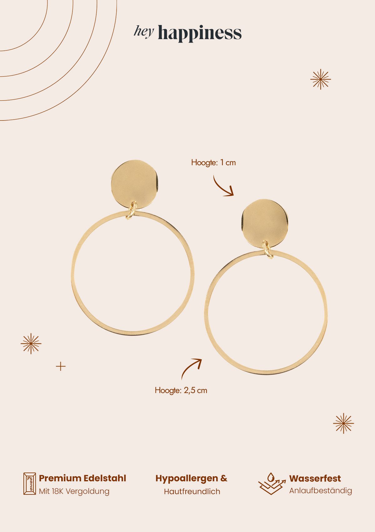 Hey Happiness Paar Ohrhänger Kreis, 18K Vergoldete Damen Ohrringe, Hängende Edelstahl Creolen mit Geo Charm, wasserfest