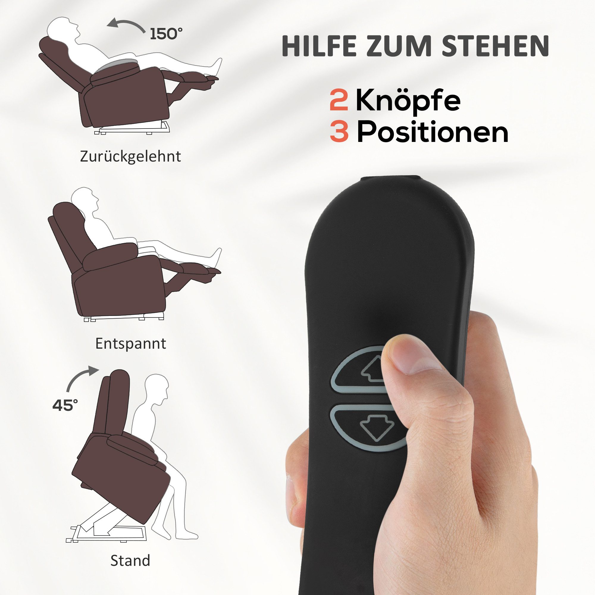 HOMCOM Massagesessel Fernsehsessel mit Aufstehhilfe und Liegefunktion, Vibrationsmassage (TV-Sessel, 1-St., Relaxsessel), mit Taschenfederkern, Seitentasche und – Bild 4 von 5