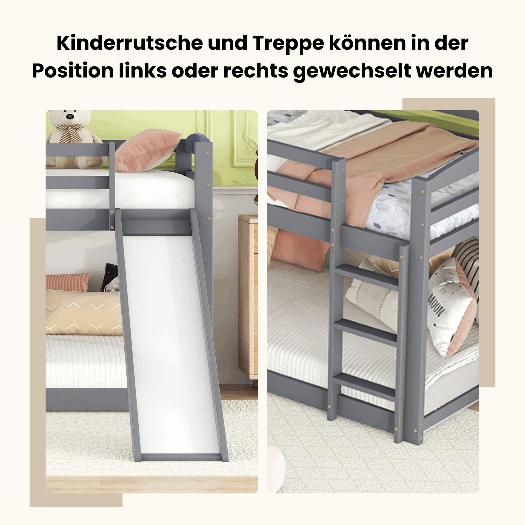 SeedWave Hochbett Holzbett mit Kinderrutsche und Dreistufige Treppe, Kinderbett Etagenbett aus Kiefernholz, 204x95x118 cm