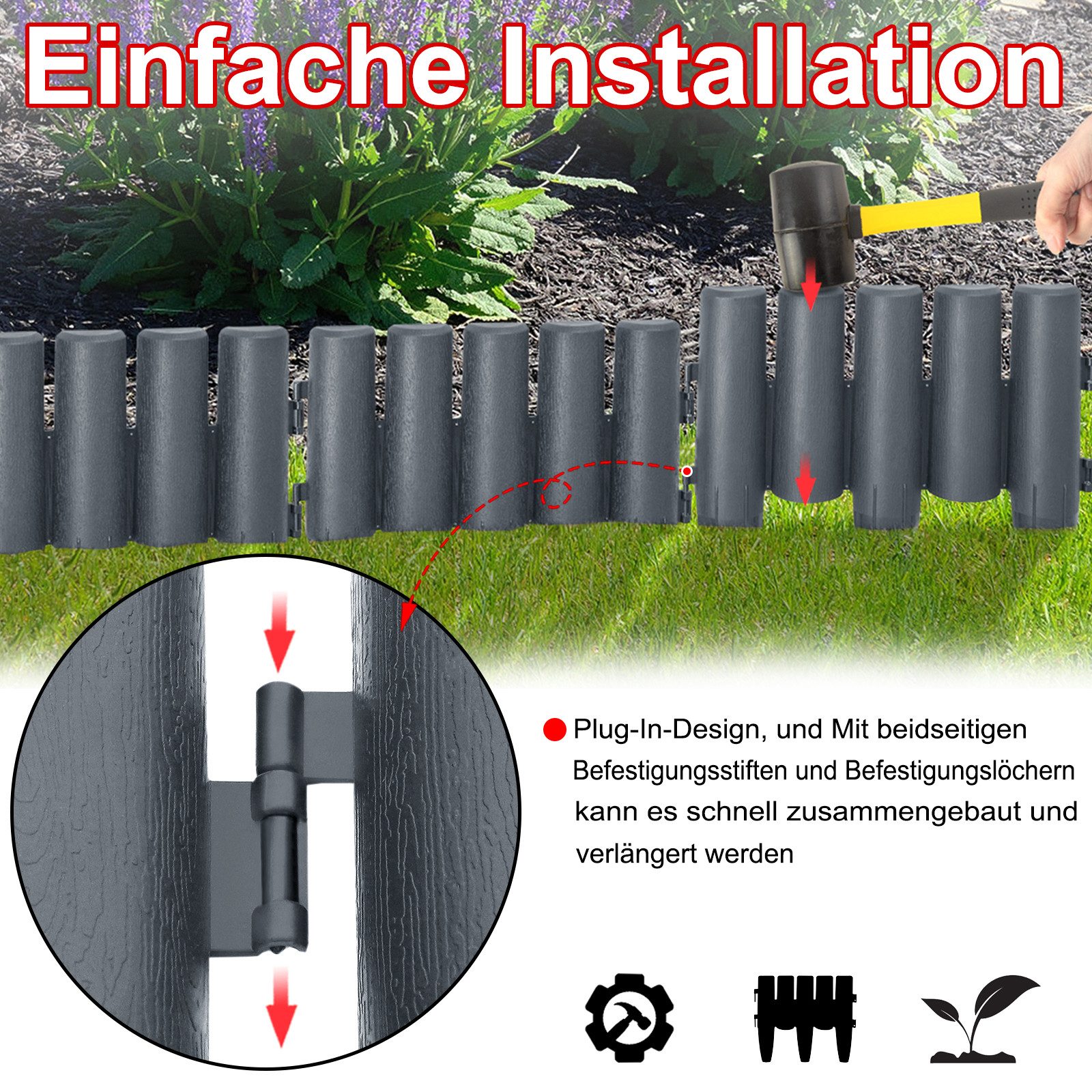 FIVMEN Rasenkante Rasenkante Mähkante Randsteine Kunststoff Beeteinfassung, Kunststoff Beetumrandung Gartenzaun Pro Element 28cm x 24cm