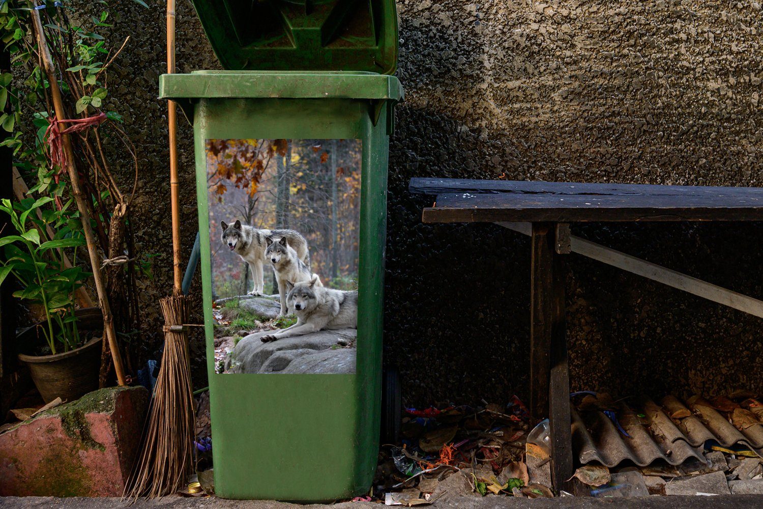 MuchoWow Wandsticker Wölfe - Fels Mülltonne, St), Container, - Sticker, Mülleimer-aufkleber, Abfalbehälter Wald (1
