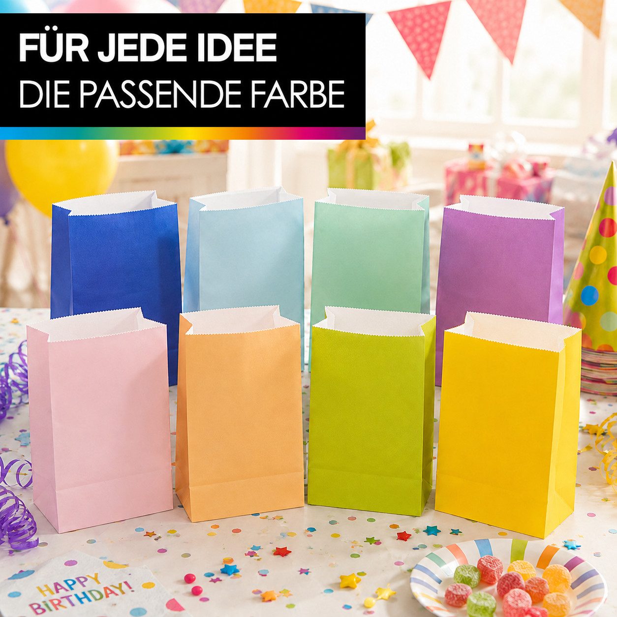 OfficeTree Tragetasche 40x Papiertüten Bunt - 8 Farben - 22x13x8 cm - inkl. 60 Sticker