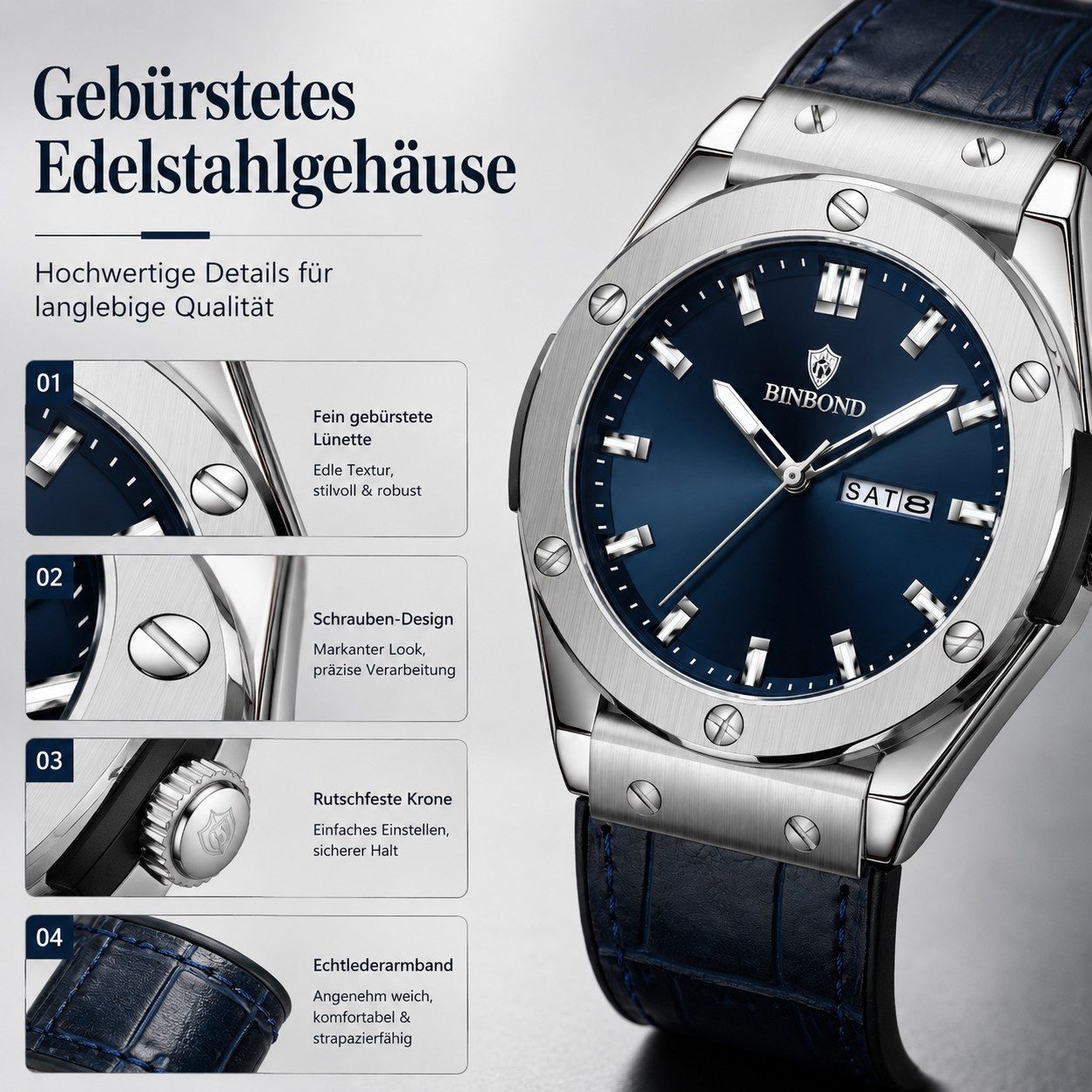 Forrlite Quarzuhr Herren Quarzuhr mit Datum und Wochentag, (42 mm Edelstahlgehäuse, Echtlederarmband, gehärtetes Mineralglas), 3 ATM wasserdicht, Business Armbanduhr