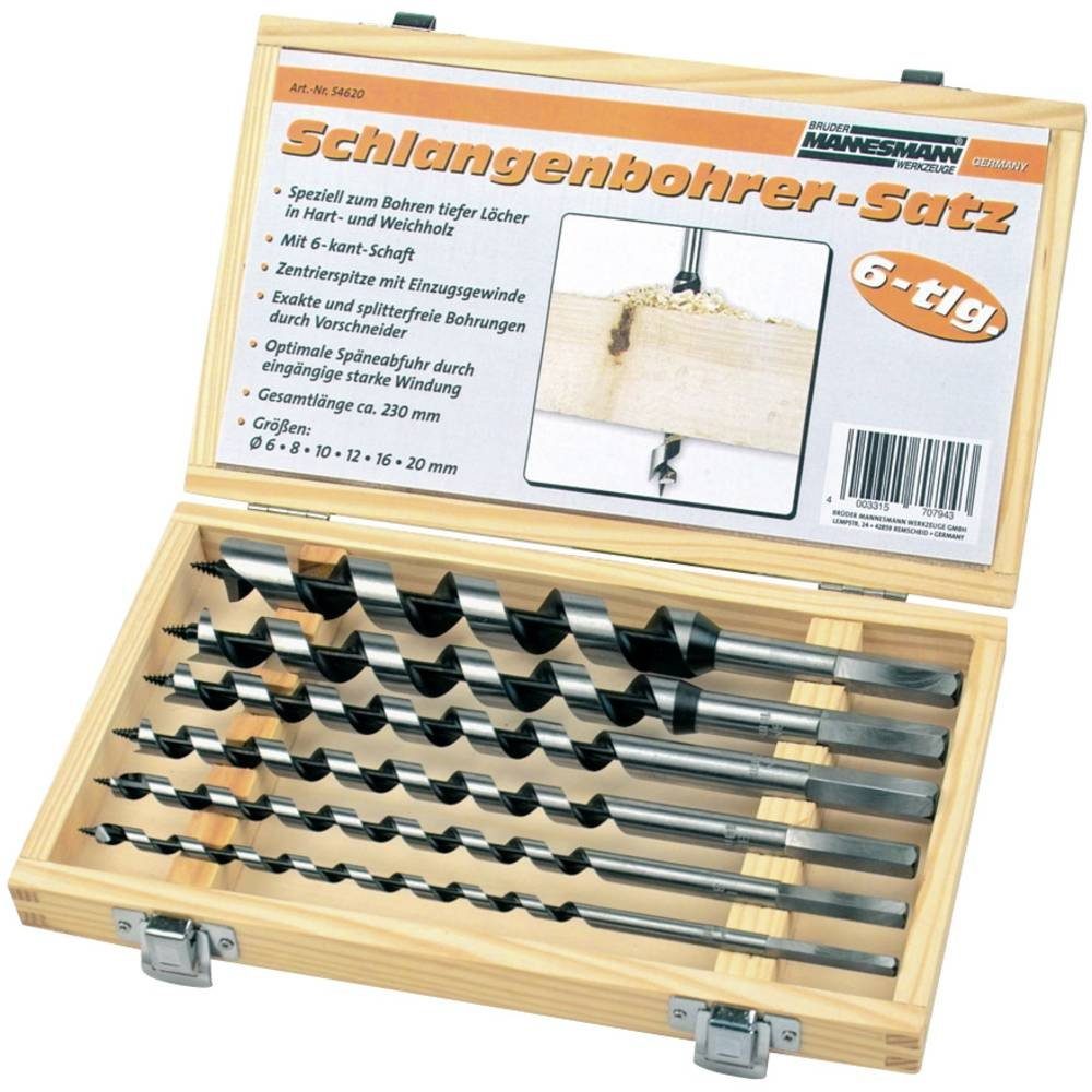 Brüder Mannesmann Werkzeuge Holzbohrer Holzbohrersatz, 230 mm Länge, in Holzkassette, 6-teilig M54620