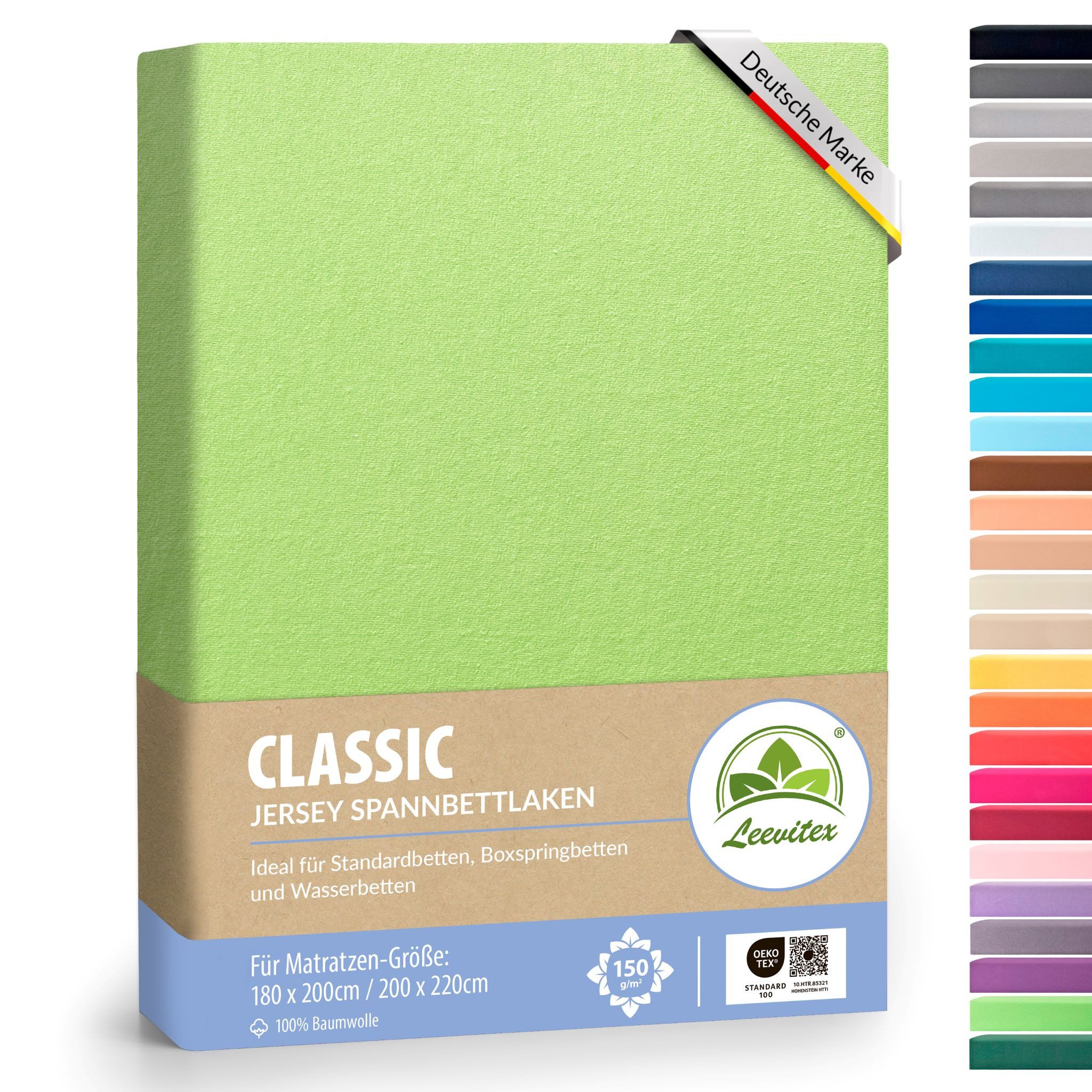 leevitex® Spannbettlaken 180x200 - 200x220 cm, 40 cm Steghöhe, Stoffdicke 150 g/m², Jersey, Gummizug: rundum, (1 Stück), OEKO-TEX® Standard 100 Zertifikatsnummer 10.HTR.85321 zertifiziert