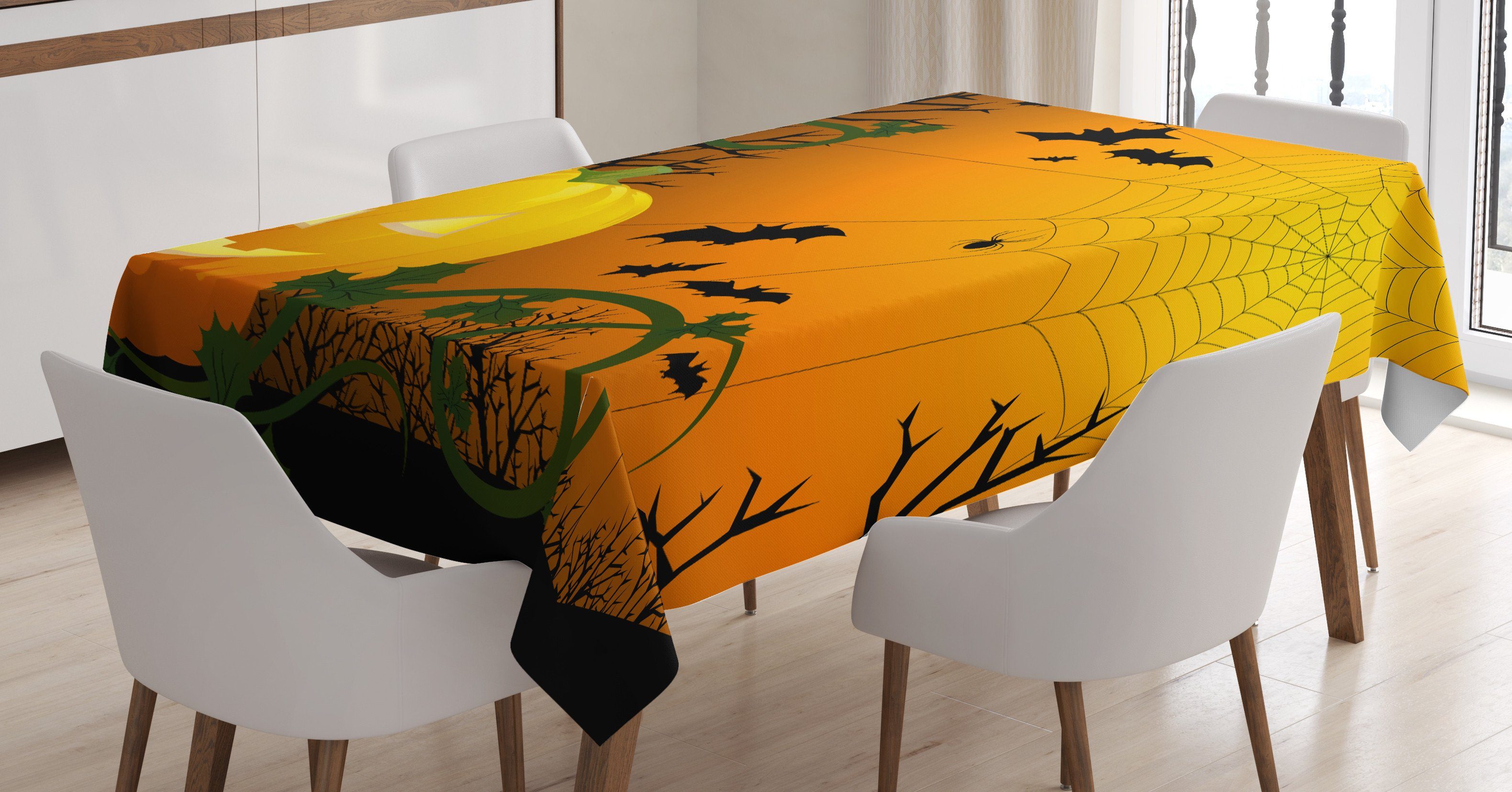 Abakuhaus Tischdecke Farbfest Waschbar Für den Außen Bereich geeignet Klare Farben, Spinnennetz Kürbis-Blätter-Schläger | Tischdecken