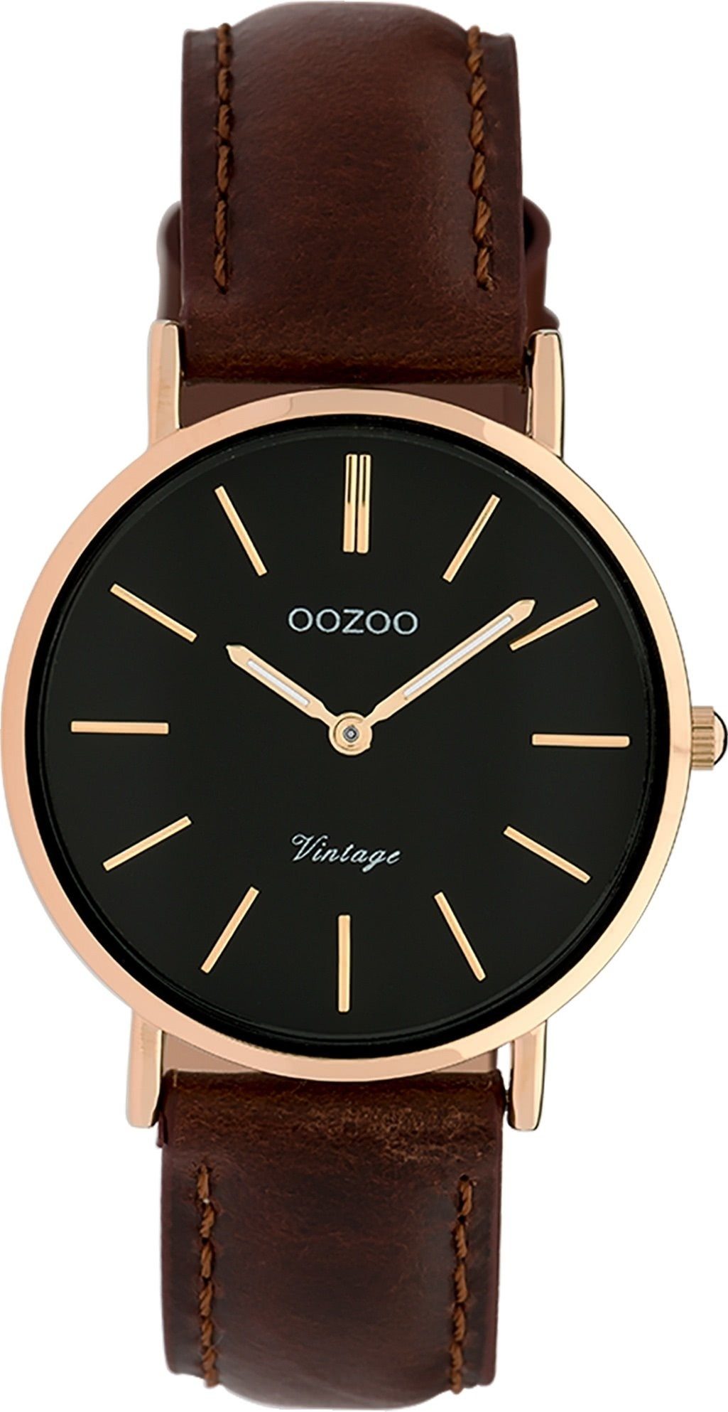 OOZOO Quarzuhr Oozoo Damen Armbanduhr Vintage, (Analoguhr), Damenuhr rund, mittel (ca. 32mm), Lederarmband braun, Fashion