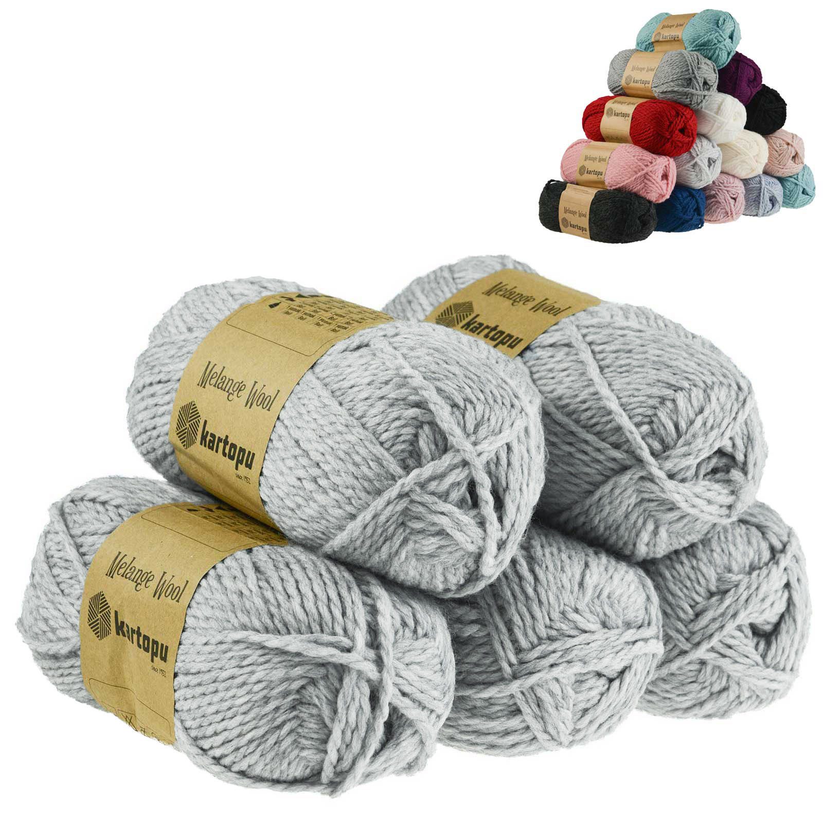 Kartopu 5 x 100g Strickgarn Kartopu Melange Wool Häkelwolle, 170 m, K1000 silbergrau
