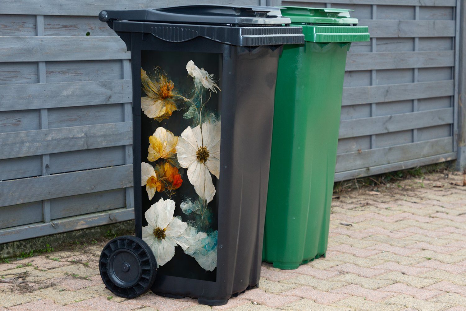 Pflanzen Mülleimer-aufkleber, MuchoWow Weiß - Wandsticker Schwarz - - Blumen St), Container, Abfalbehälter (1 Mülltonne, Sticker,