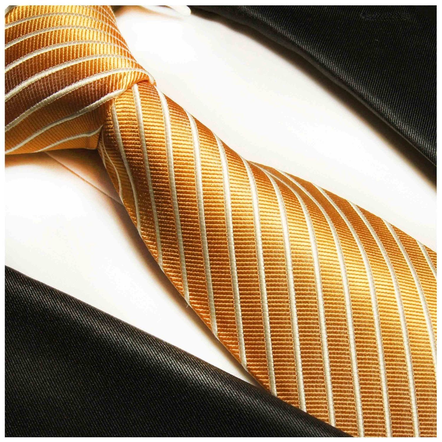 Paul Malone Krawatte (Set, mit Schmal Schlips modern und 760 2-St., Seide 100% Herren gestreift gold Seidenkrawatte Krawatte Tuch Einstecktuch) (6cm)