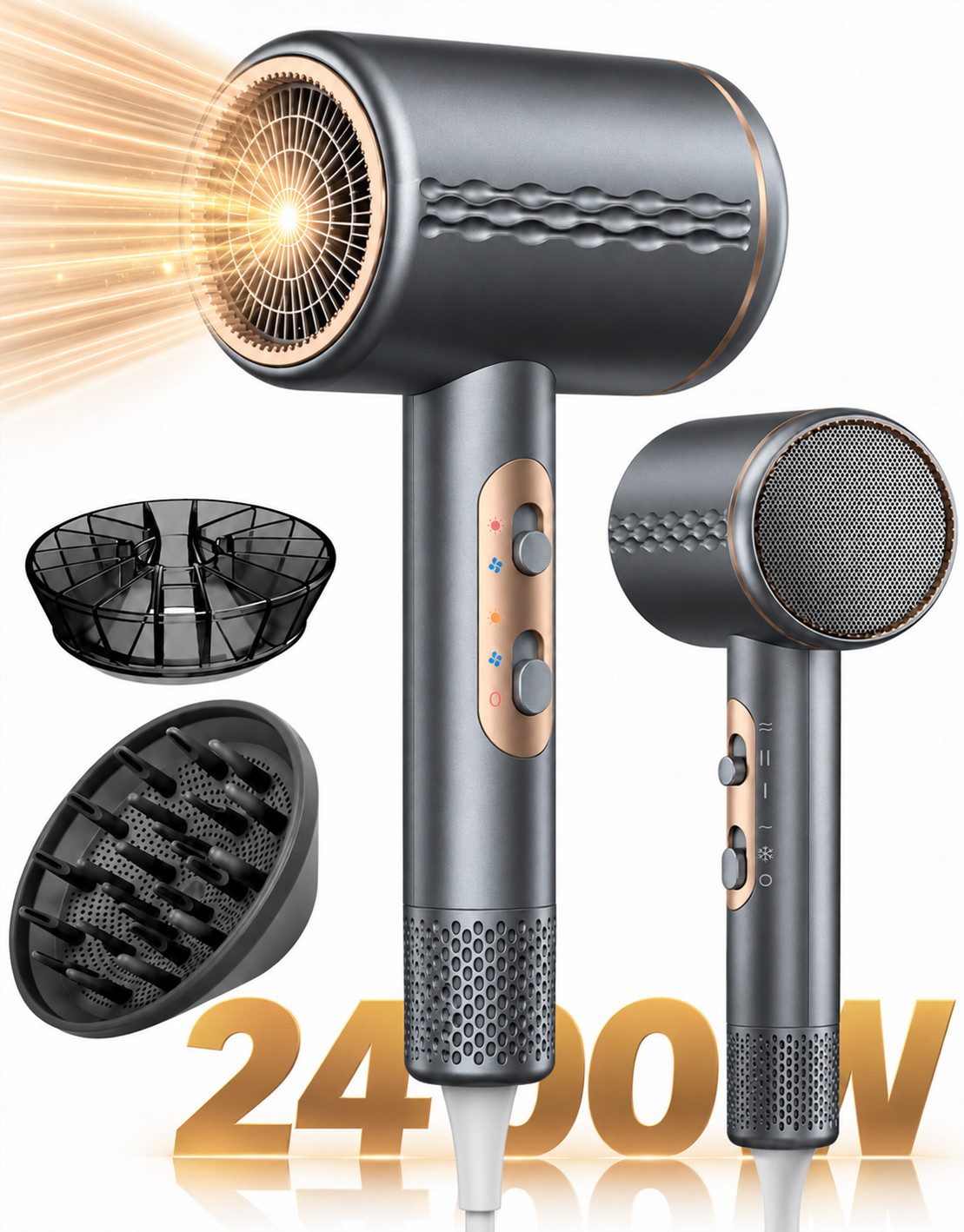 Futicare Haartrockner Föhn Ionen 2400 W, mit Diffusor, Kaltluft, Kaltluft, mehrere Temperatur- und Gebläsestufen, leicht & handlich