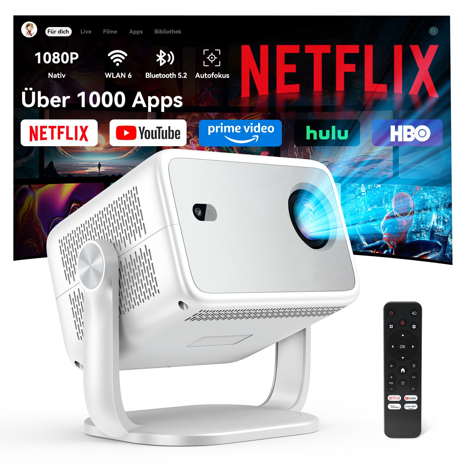 Huidun PT10 1080P Full HD Smart-Projektor mit Autofokus, Netflix (3000 lm, 1080p Full HD, Autofokus, Android 13,Automatische Trapezkorrektur)