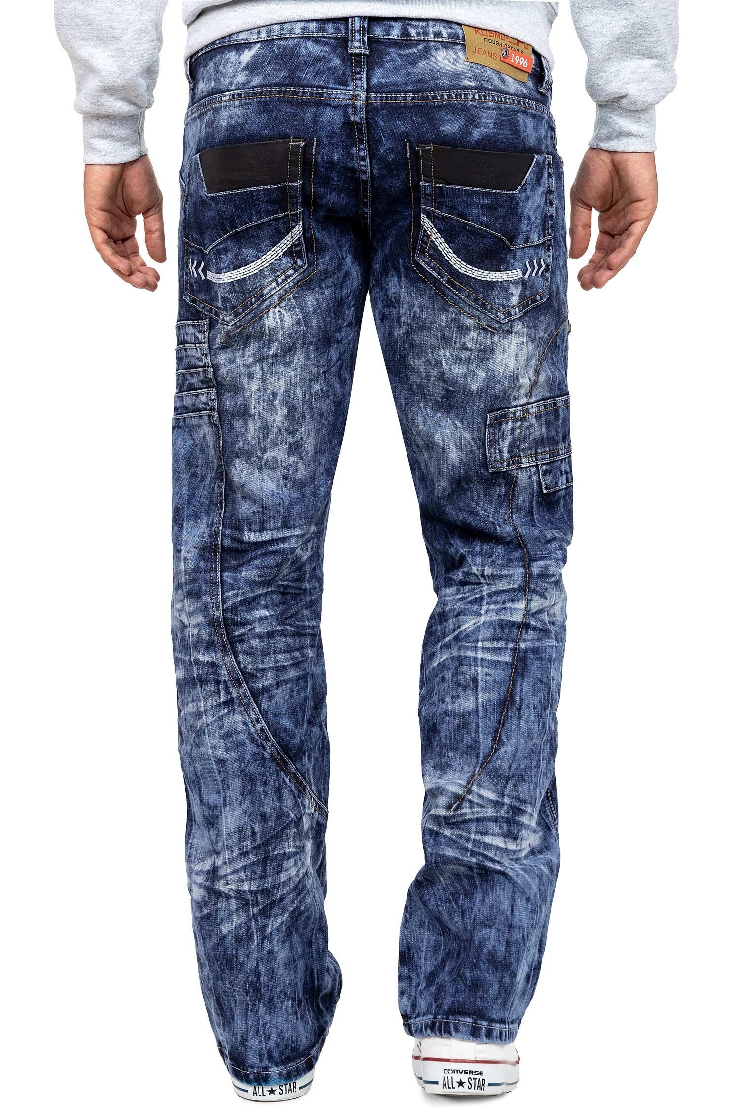 Kosmo Lupo 5-Pocket-Jeans Herren Regular Fit Hose Stonewashed KM012 (1-tlg) Kontrastnähte in Orange/Weiß und Ziernähte