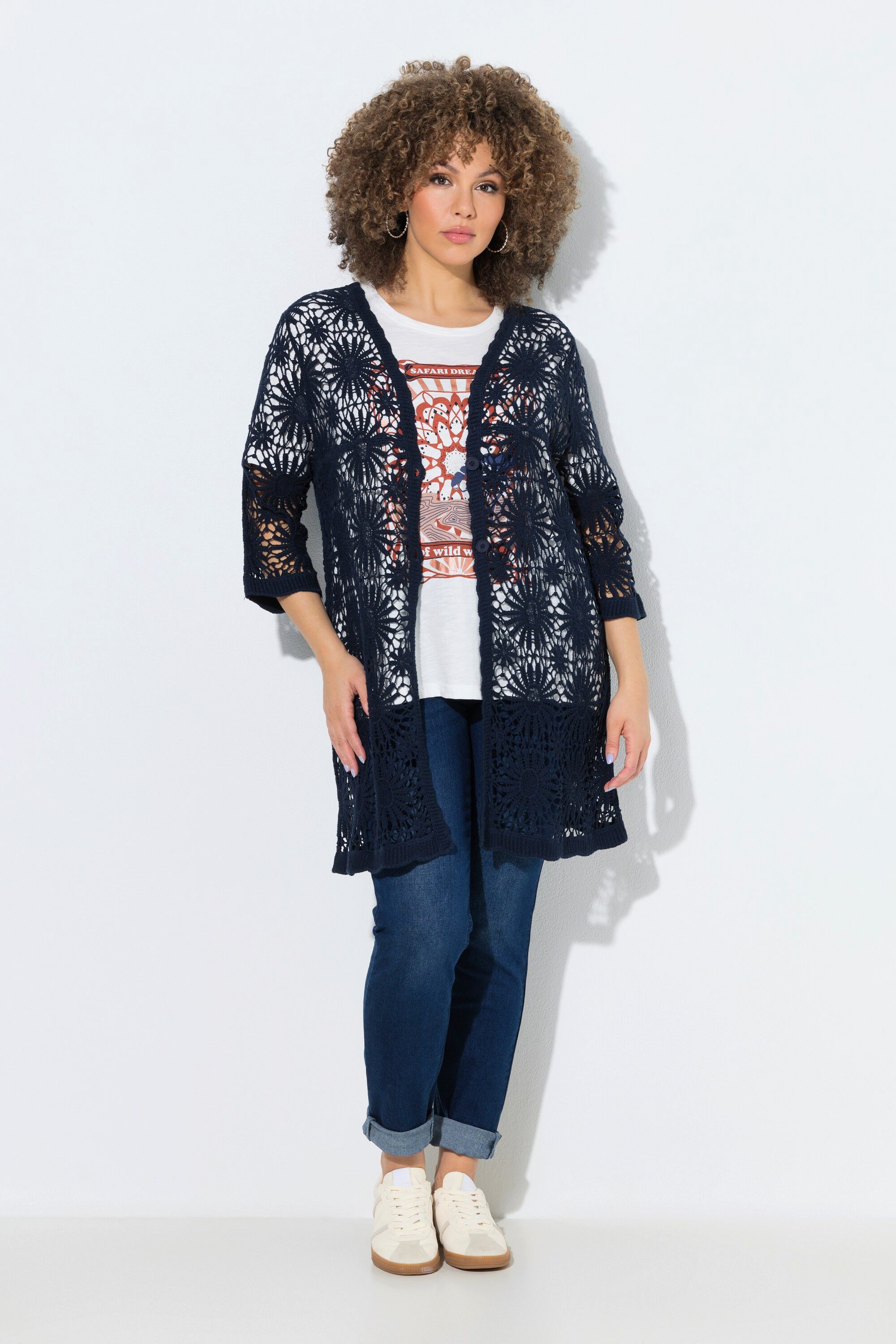 Ulla Popken Strickjacke Strickjacke Blüten Wellenkanten V-Ausschnitt