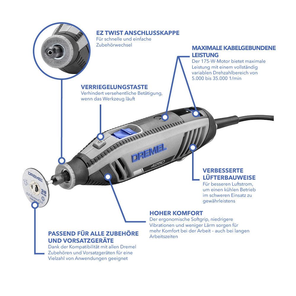 DREMEL Akku-Multifunktionswerkzeug Dremel 4250-6/128 Platinum+ Box Multitool F0134250JS Multifunktionswer