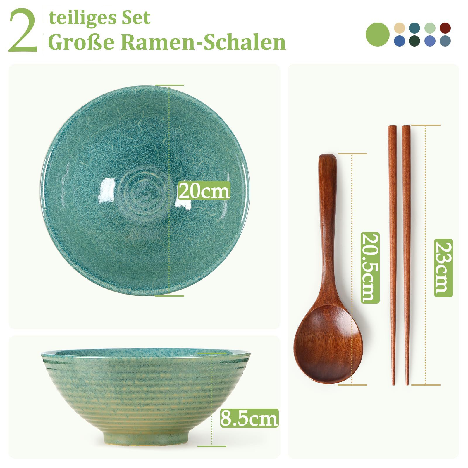 FOUORTUNATE-BEE Schüssel 2er Set Japanische Ramenschüssel Suppenschüssel aus Keramik, (1200 ml, mit Essstäbchen und Löffeln, große Suppenschüsseln 20 cm, 2-tlg) – Bild 2 von 5