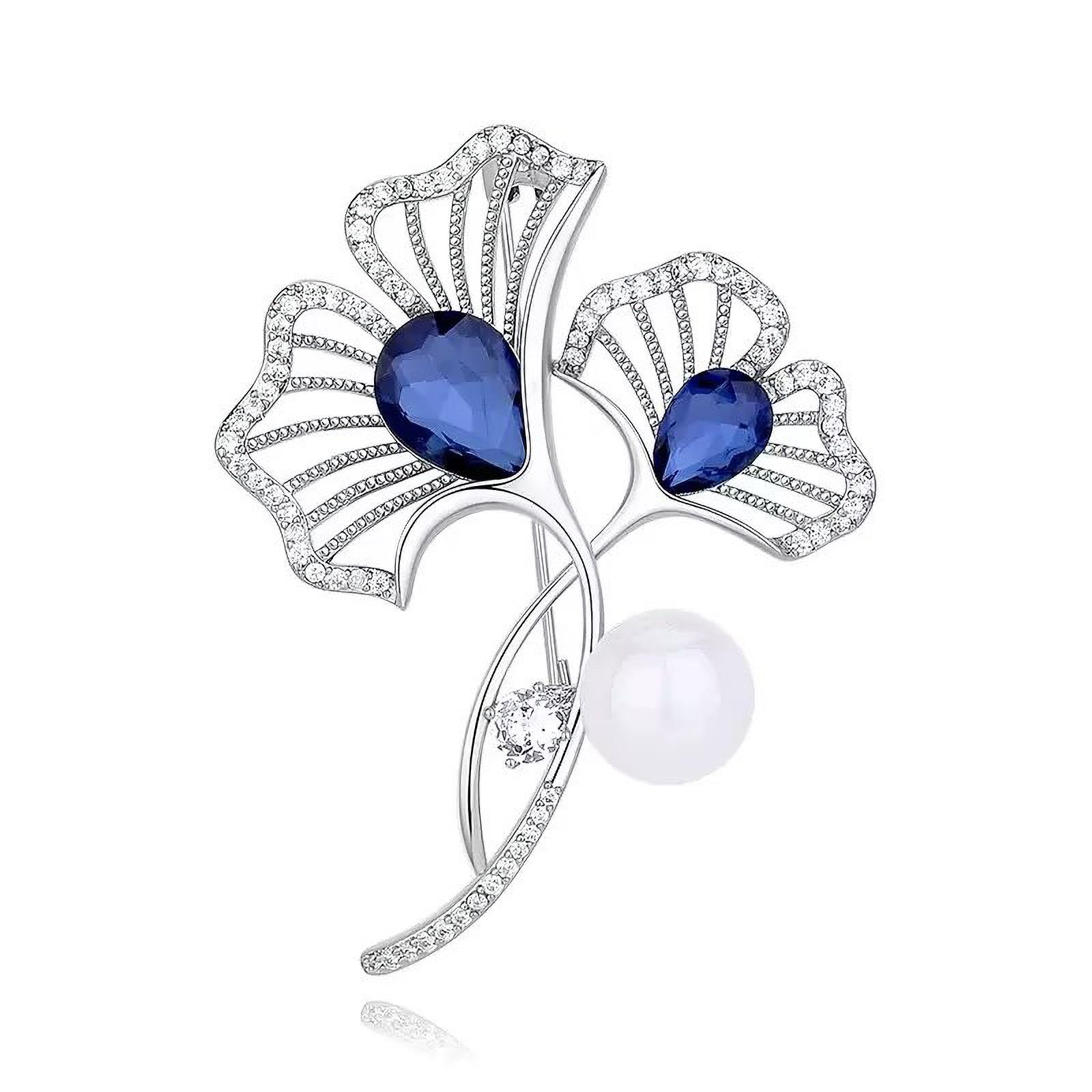 MayTree Brosche "Gingkoblätter mit Perle" (Stück, 1-tlg), Metallbrosche Gingkoblätter mit blauen Glassteinen und Zierperle