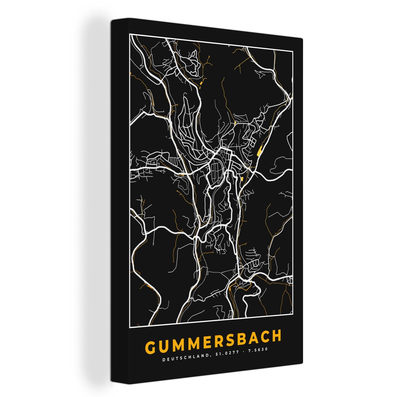 OneMillionCanvasses® Leinwandbild Gummersbach - Stadtplan - Gold - Karte - Deutschland, (1 St), Leinwandbild fertig bespannt inkl. Zackenaufhänger, Gemälde, 20x30 cm