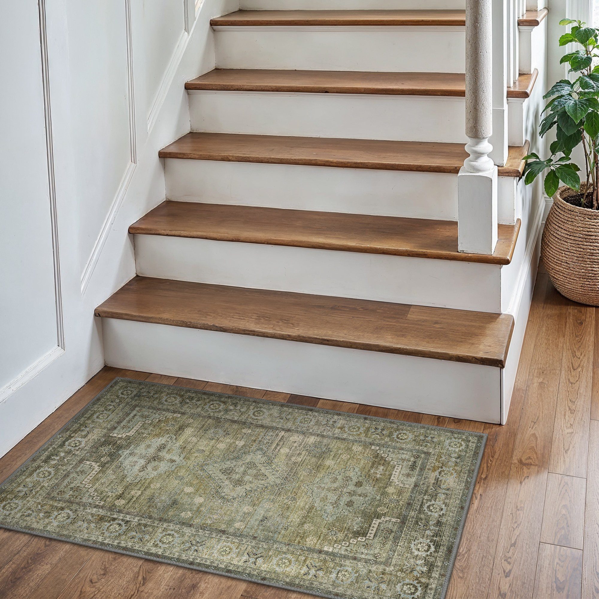 GENIMO Teppich Wohnzimmer Teppich, Boho, Kurzflor, waschbar, rutschfest, rechteckig, 60x150cm, grün