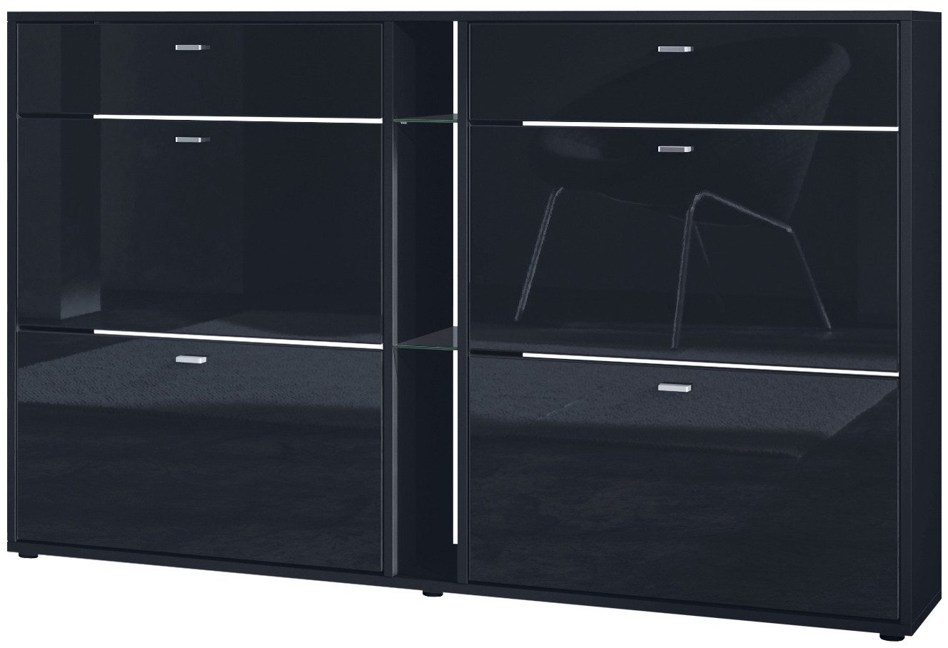 Vladon Schuhschrank Today (Schuhkipper für 24 Paar Schuhe mit 4 Klappen, 2 Schubladen und 3 offene Fächer) Schwarz matt/Schwarz Hochglanz (155,5 x 95 x 28 cm)