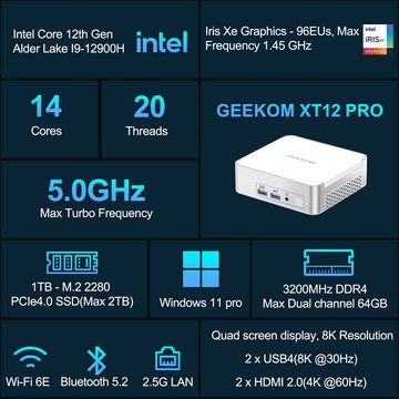 GEEKOM XT12 Pro Intel i9-12900H Windows 11 Pro Mini-PC (Intel Core i9, Iris Xe Graphics, 32 GB RAM, 1024 GB SSD, Hochgeschwindigkeits-LAN mit 2,5 Gbit/s und WiFi 6E + Bluetooth 5.2)