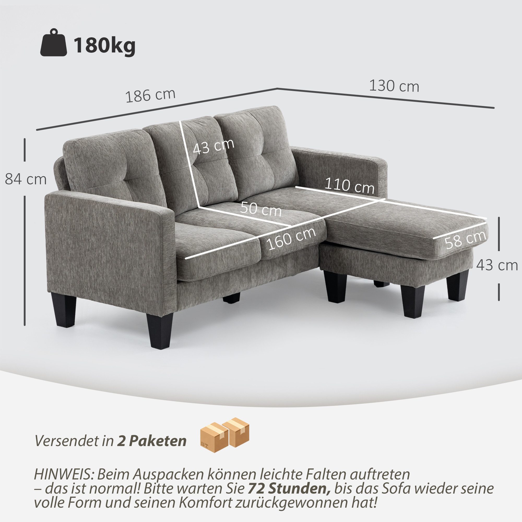 HOMCOM Ecksofa Eckcouch in L-Form, Eckgarnitur, 3-Sitzer-Sofa 1 Teile, für Wohnzimmer, Braun