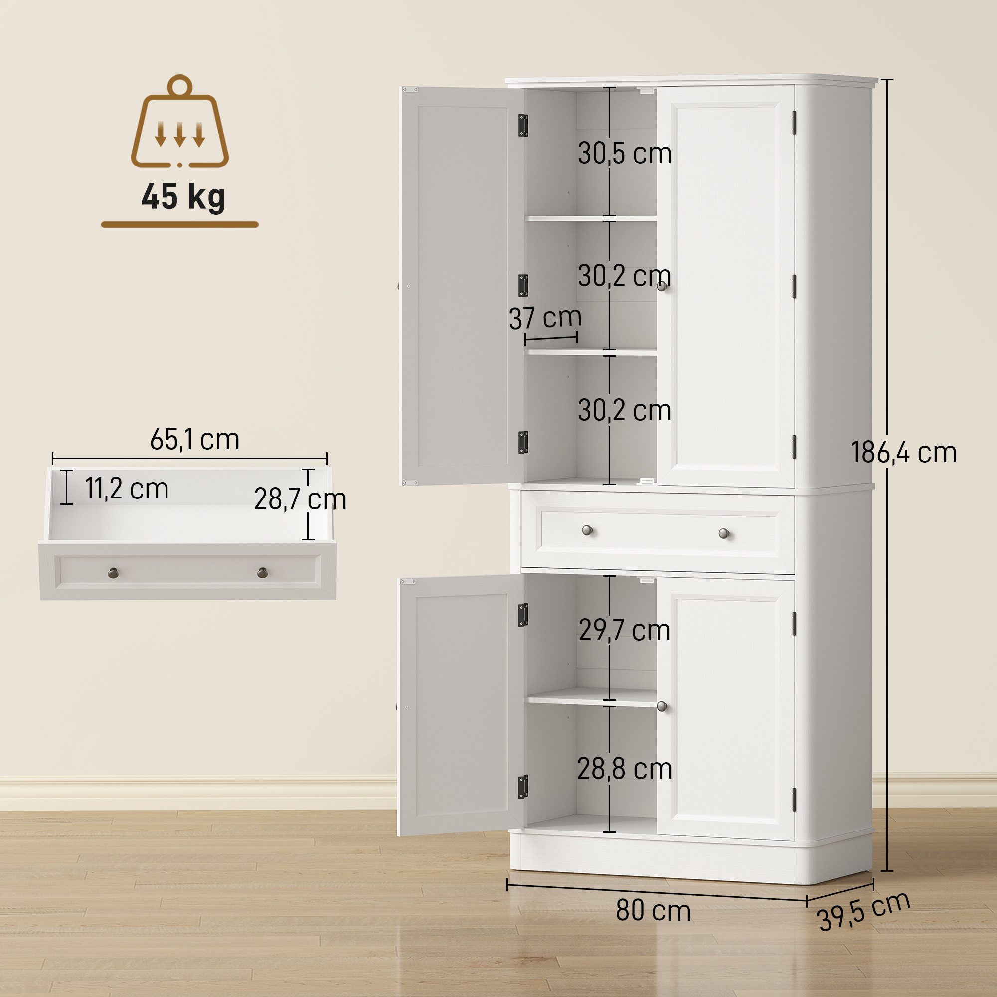 HOMCOM Hochschrank Buffetschrank mit 4 Türen, Schublade, verstellbaren Einlegeböden (Küchenschrank, 1-St., Vorratsschrank) für Küche, Esszimmer, Wohnzimmer Weiß – Bild 3 von 5