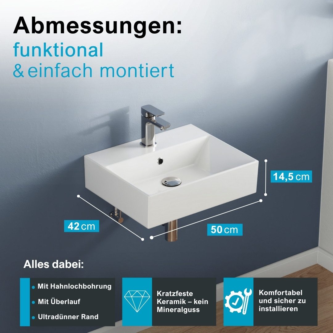 Aqua Bagno Waschbecken Aufsatzwaschbecken 50cm weiß eckig wandhängend Waschtisch (Packung)