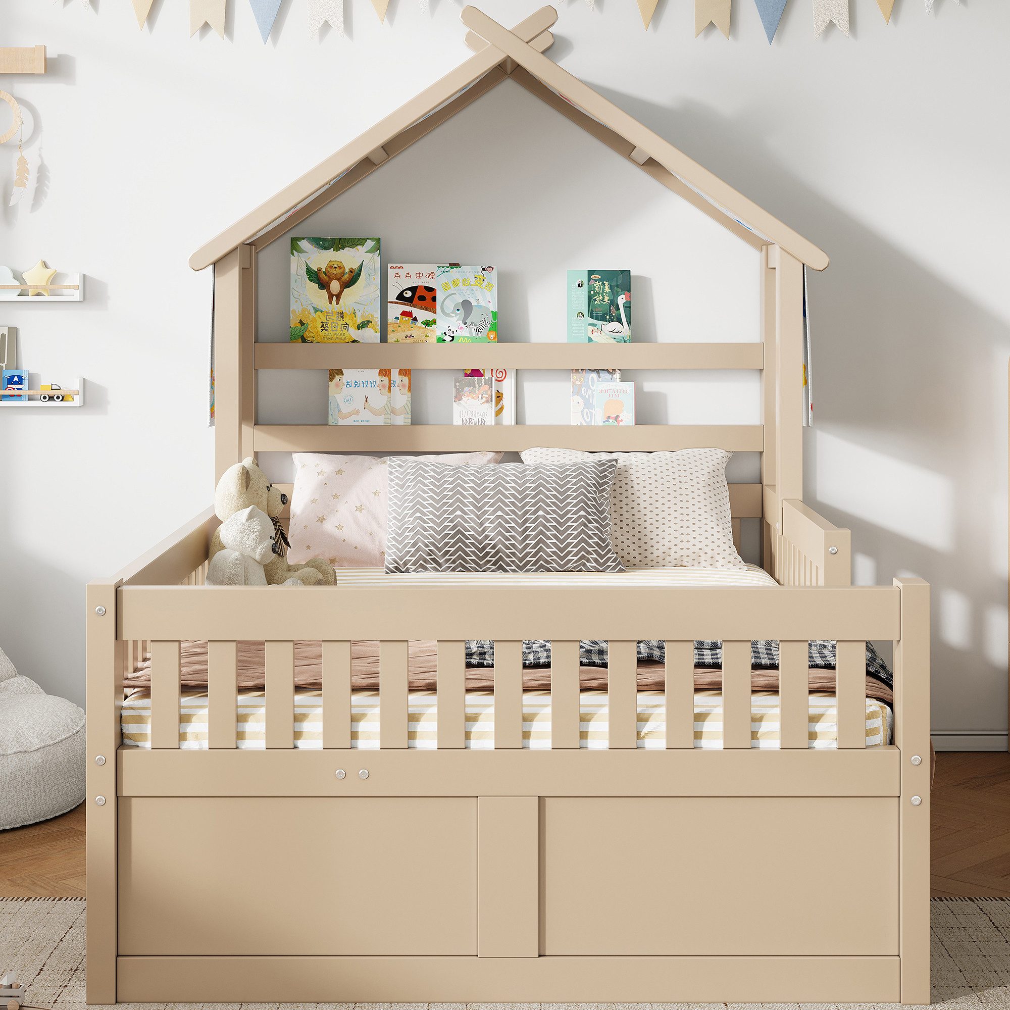 Flieks Kinderbett, Massivholz Hausbett 140x200cm mit Ausziehbett 90x190cm & 3 Schubladen