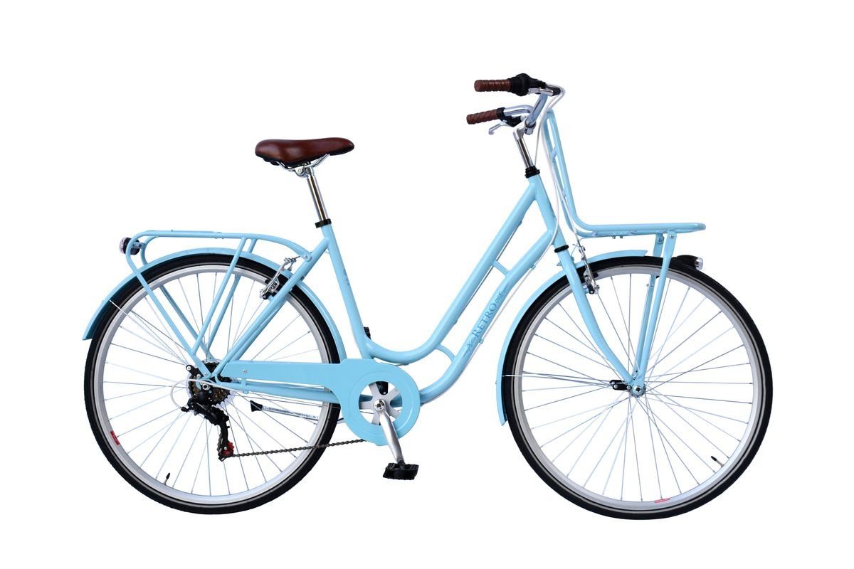 T&Y Trade Cityrad »28 Zoll Damen Mädchen City Fahrrad Rad Bike Cityfahrrad  Damenfahrrad Mädchenfahrrad Citybike Cityrad Damenrad Gepäckträger  Frontträger 6 Shimano Gang Licht RETRO Hellblau blau«, 6 Gang Shimano,  Kettenschaltung, Gepäckträger, Licht,