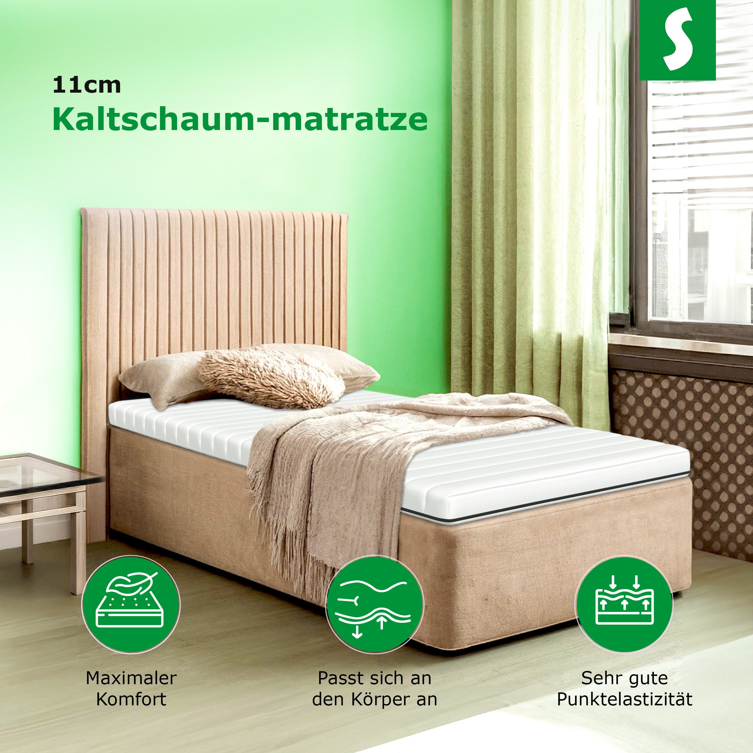 Kaltschaummatratze mit Härtegrad H3, OEKO-TEX® Standard 100 Zertifikatsnummer 13.0.33723, Schlaftroll, 11 cm hoch, verfügbar in 90x200 cm, 140 x 200 cm, 180x200 cm und weiteren Größen