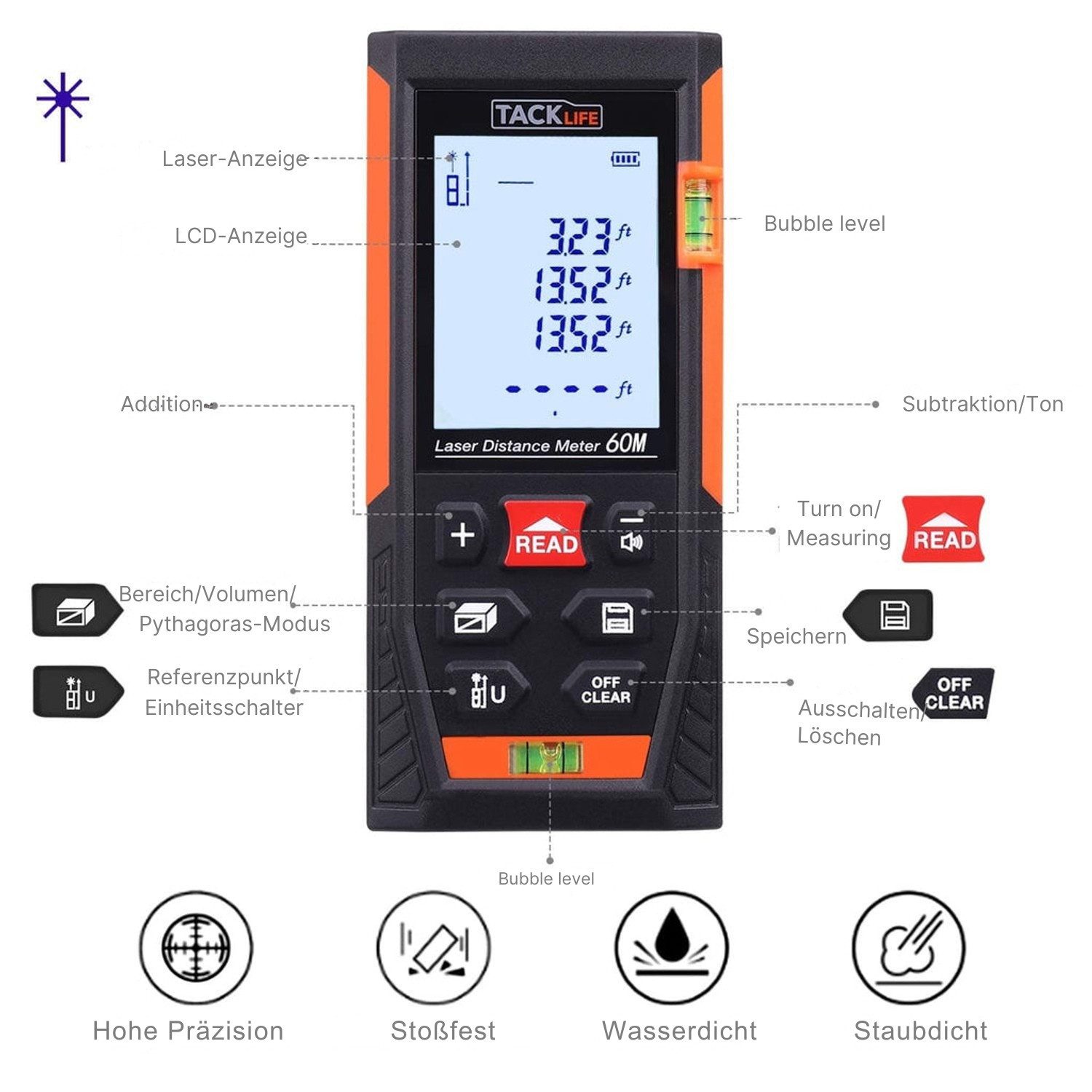TACKLIFE Lasermessgerät Laser Entfernungsmesser 196Ft M/In/Ft(Batterie nicht beigefügt)