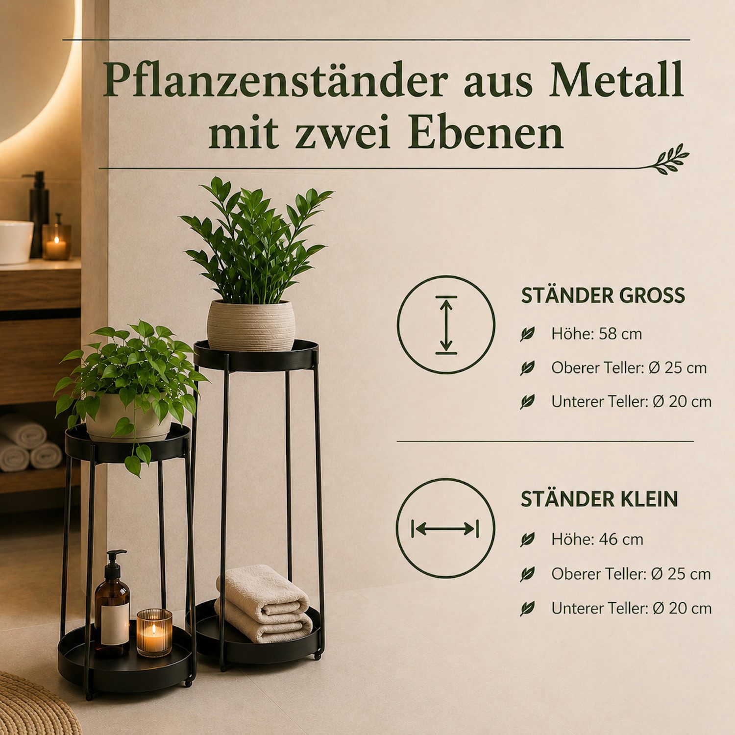INtrenDU Blumenständer mit je 2 Etagen für Pflanzen & Deko, 58+46 cm (Blumenständer-Set, 2 St., 2er-Set)