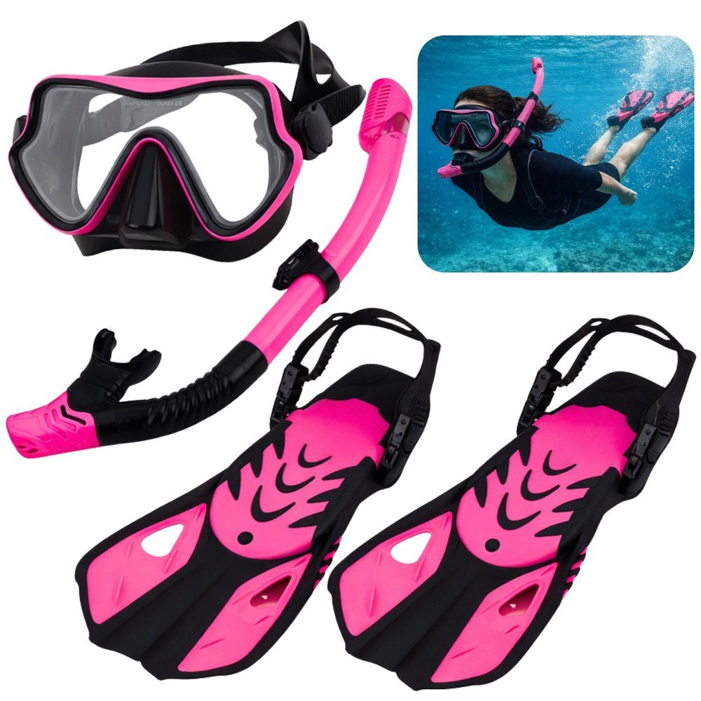 Wisam Tauchset Schnorchelset, Flossen, Brille, Schnorchel, Schwarz und Rosa, S/M