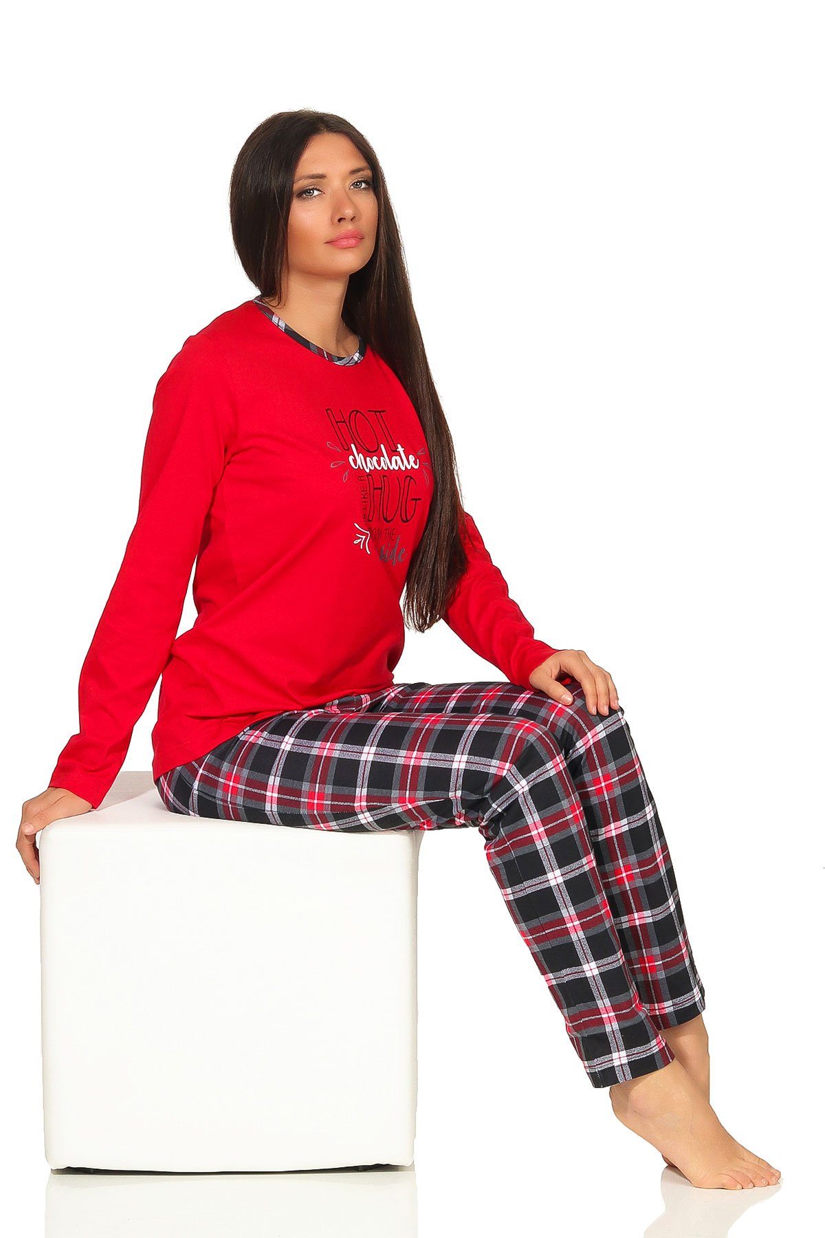 - mit Frontprint und auch lang Pyjama Damen Normann Pyjama Karohose in Übergrößen rot