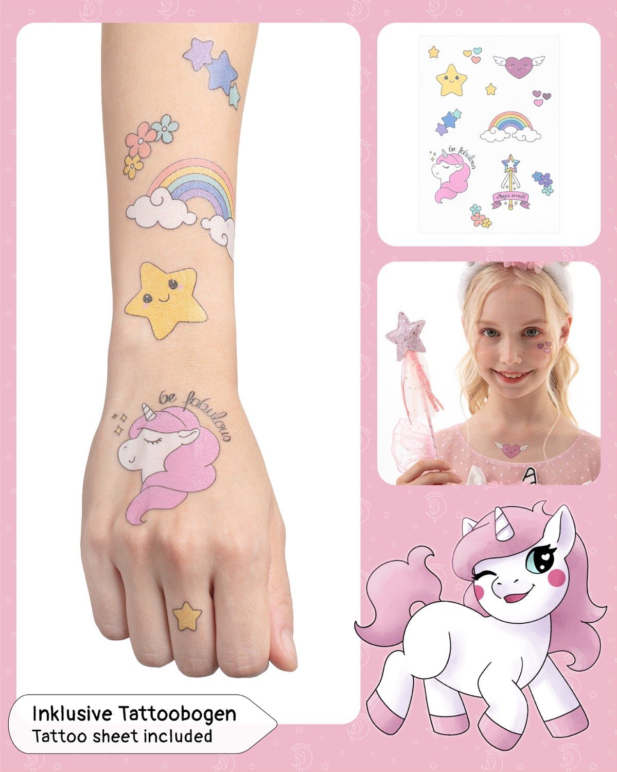 Corimori Prinzessin-Kostüm Bequemes Einhorn Kleid für Kinder, Karneval Set, mit Flügeln, Haarreif, Glitzer Zauberstab und Tattoos, Größe 140/146