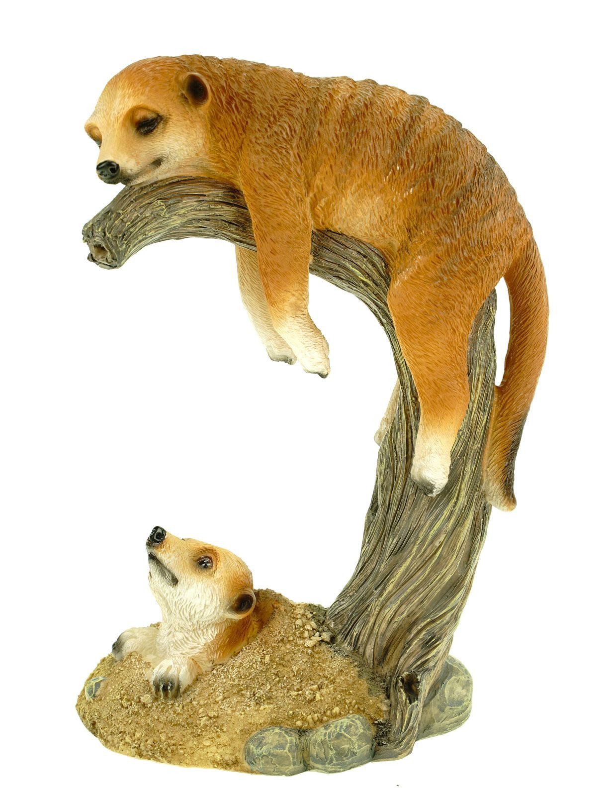 Gartenfigur Erdmännchen Mama mit Kind auf Ast Figur Gartenfigur 24 cm Meercat