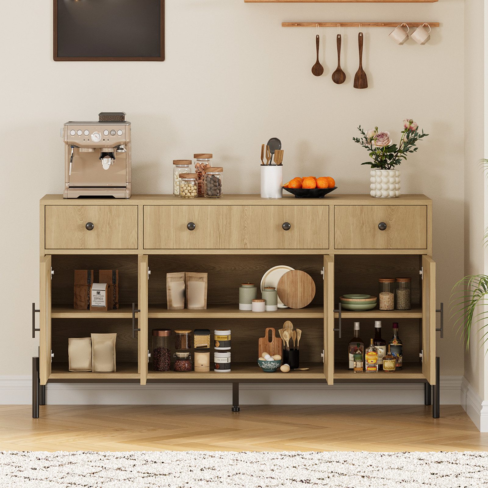 GarveeMore Anrichte Großes 158 cm Sideboard mit Stauraum, Kombikommode, Lowboard, Kommode, Schubkastenkommode mit 3 Schubladen und verstellbaren Einlegeböden