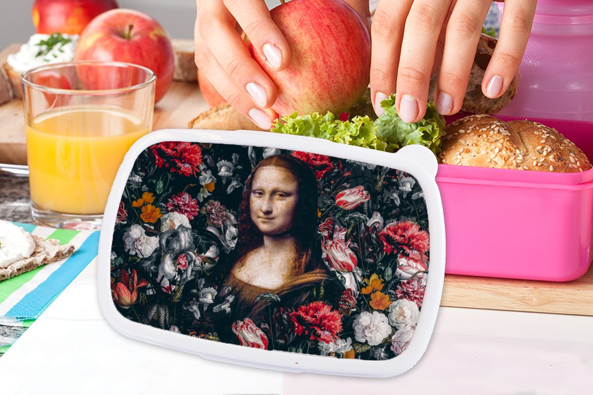 Vinci - - Brotbox Lisa Kinder, (2-tlg), Blumen rosa Kunststoff, Brotdose MuchoWow Mona Erwachsene, Mädchen, Gemälde, - Snackbox, Da für Lunchbox Kunststoff